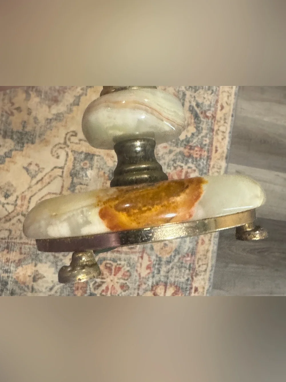 Antique Brass and Cream Marble 3-Arm Candelabra